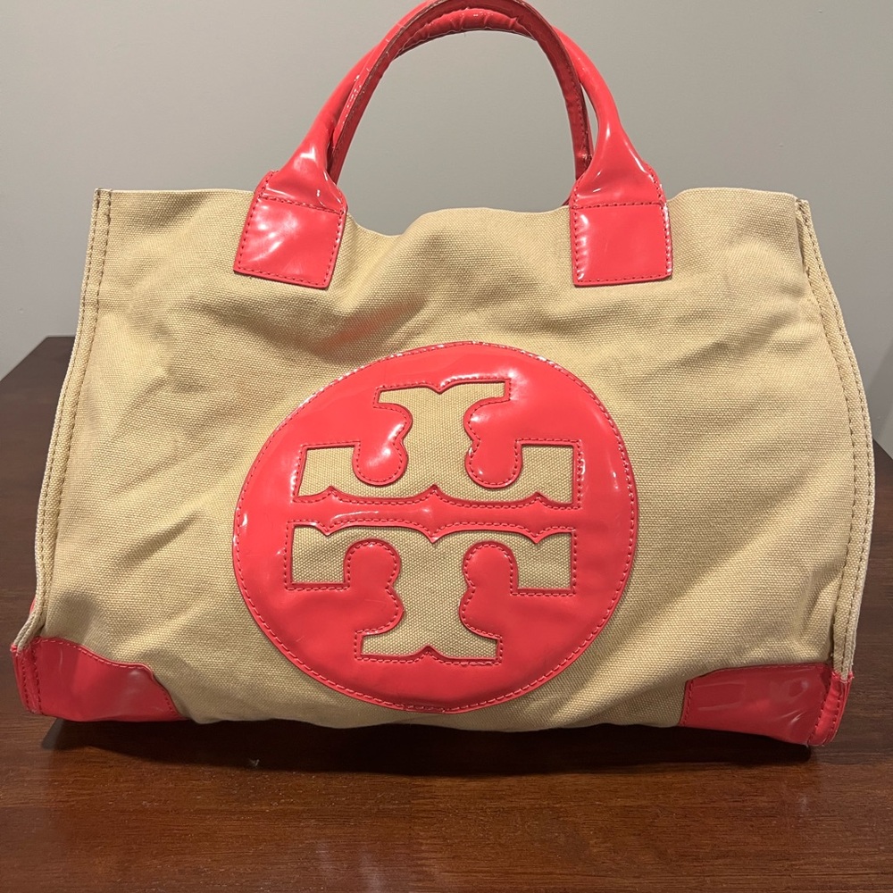 Tory Burch Tan and Hot Pink Ella Patent Canvas Tote Bag